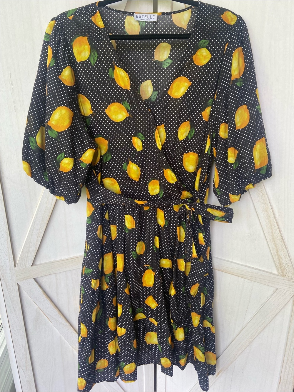 Estelle Limonata Faux Wrap Cotton Blend Dress, Size 1X Black Lemon Print